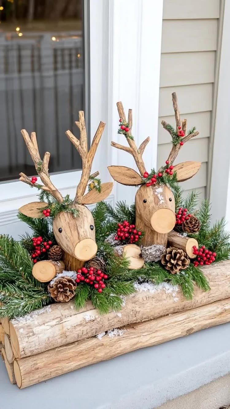 Wooden reindeer head sculptures with red berries and greenery on a log base.