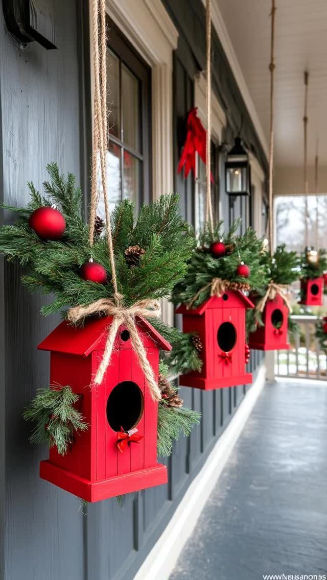 Red birdhouses with pine greenery and ornaments hanging on a grey porch wall.