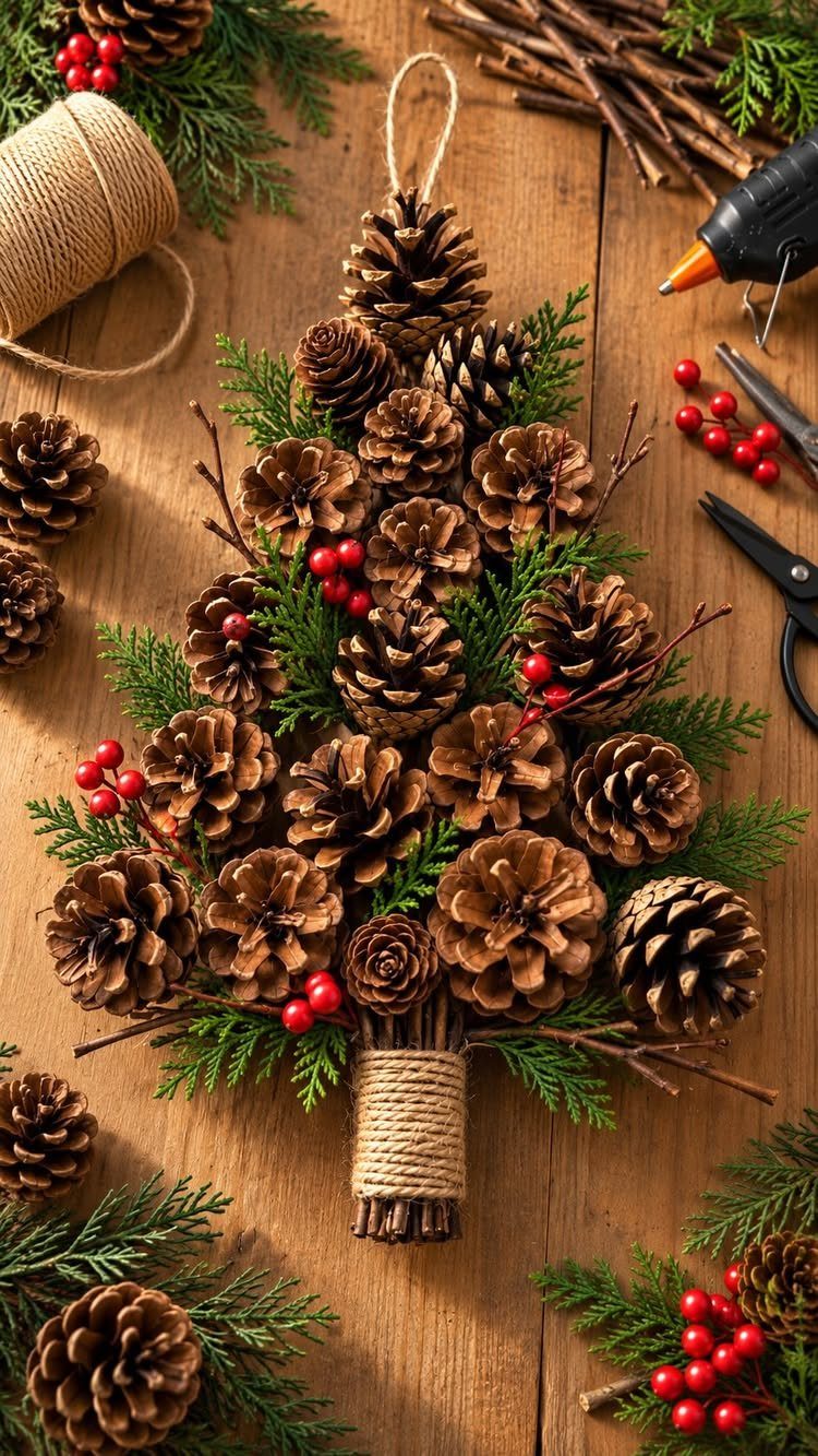 Pinecone Christmas tree decoration made from natural materials on a wooden craft table