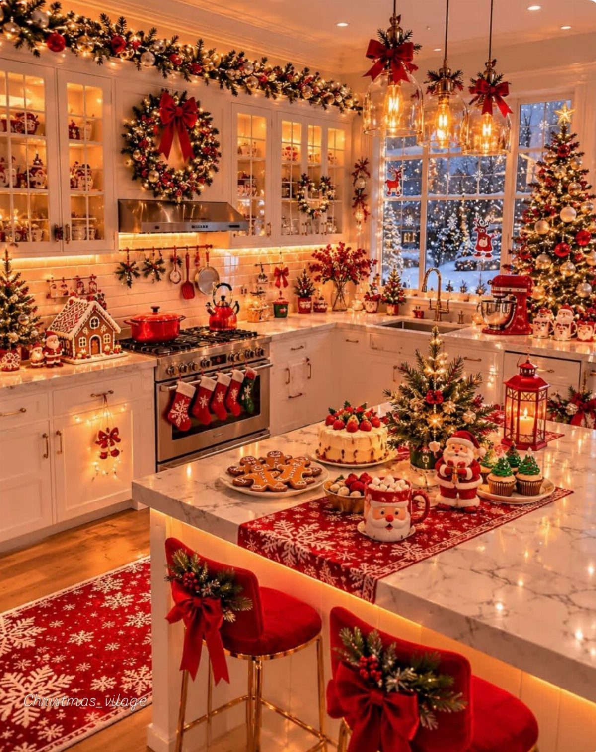 Festive kitchen decorated with Christmas wreaths, garlands, a gingerbread house, and red accents.