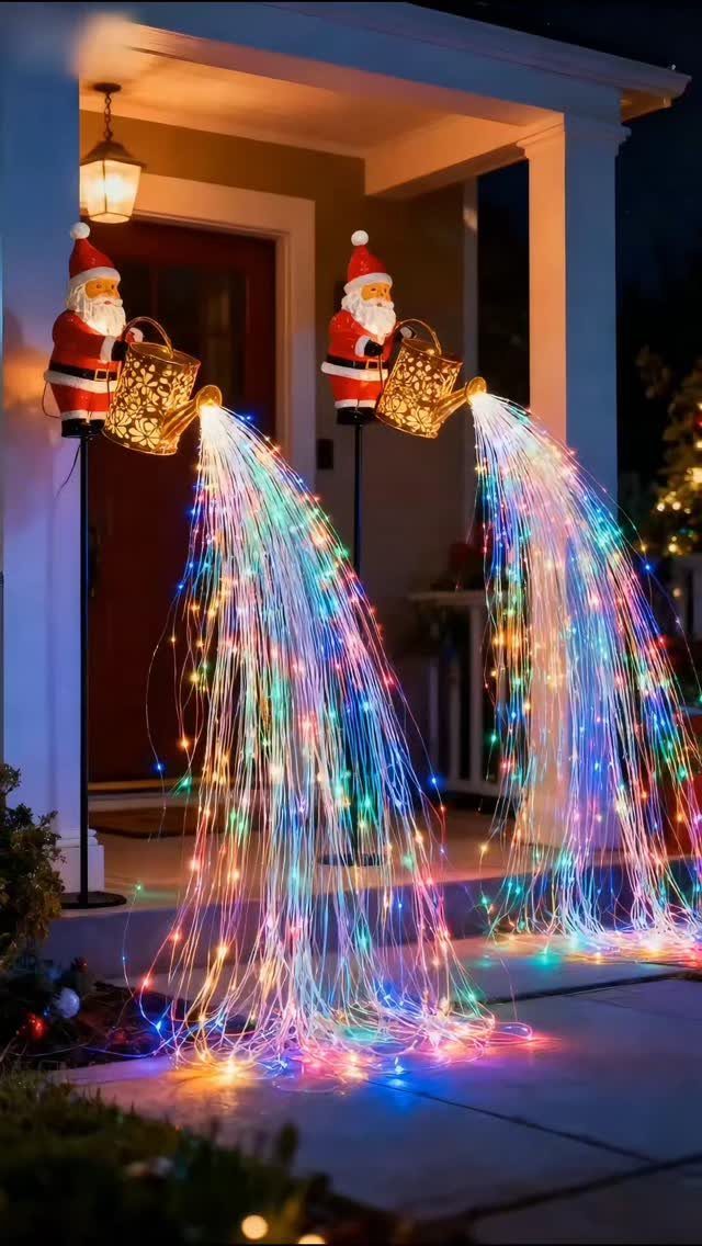 Santa Claus figures pouring colorful fiber optic lights from watering cans on a porch