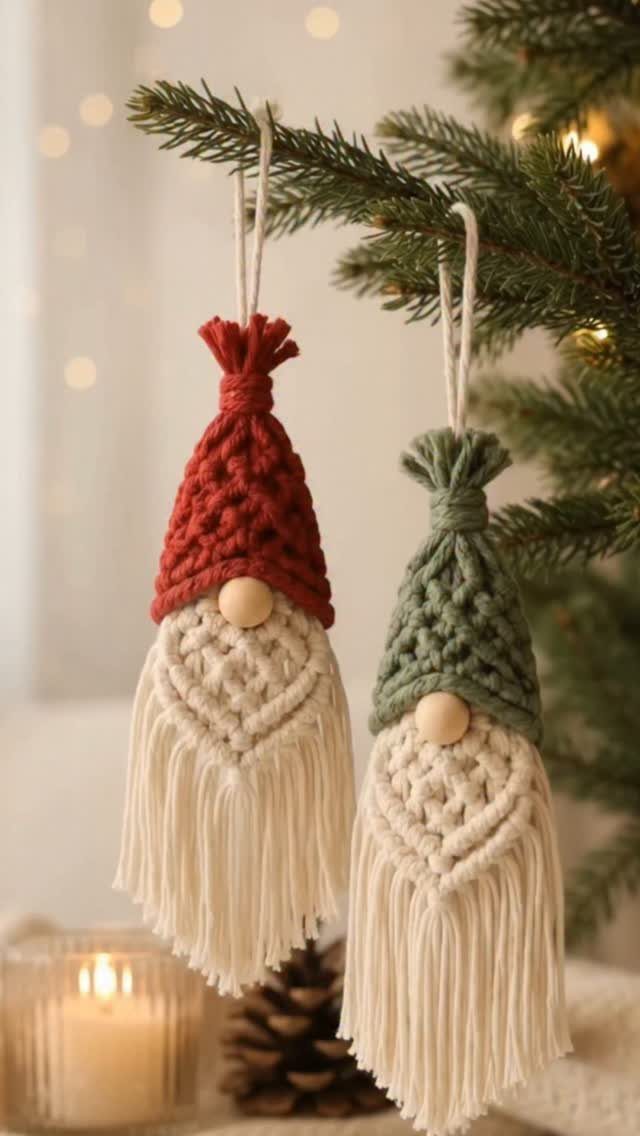 Red and green macrame gnome ornaments hanging from a festive pine tree branch