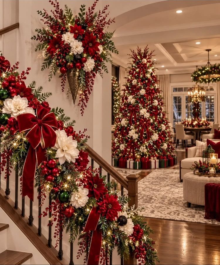 Red and white Christmas decorations on a staircase railing and a large tree.