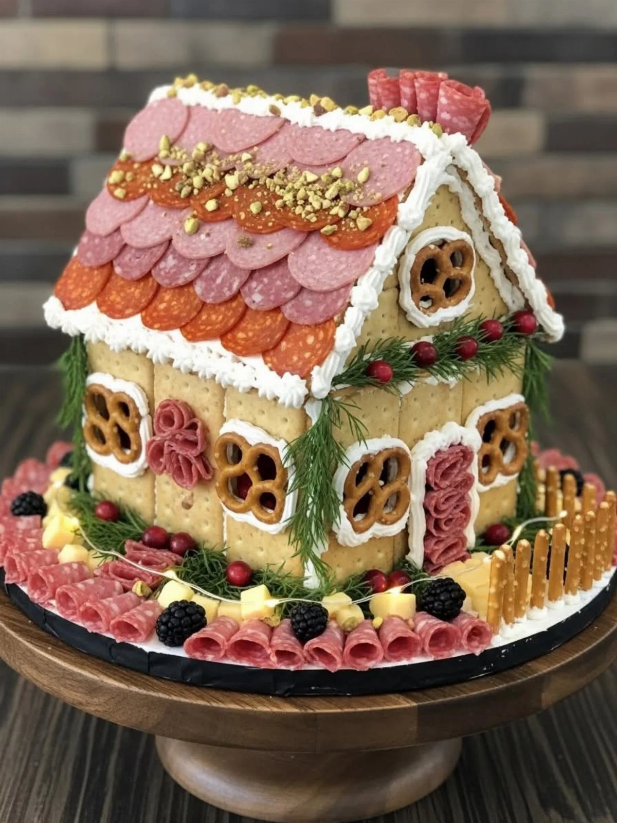 Charcuterie board shaped like a house made from crackers, salami, and pretzels.