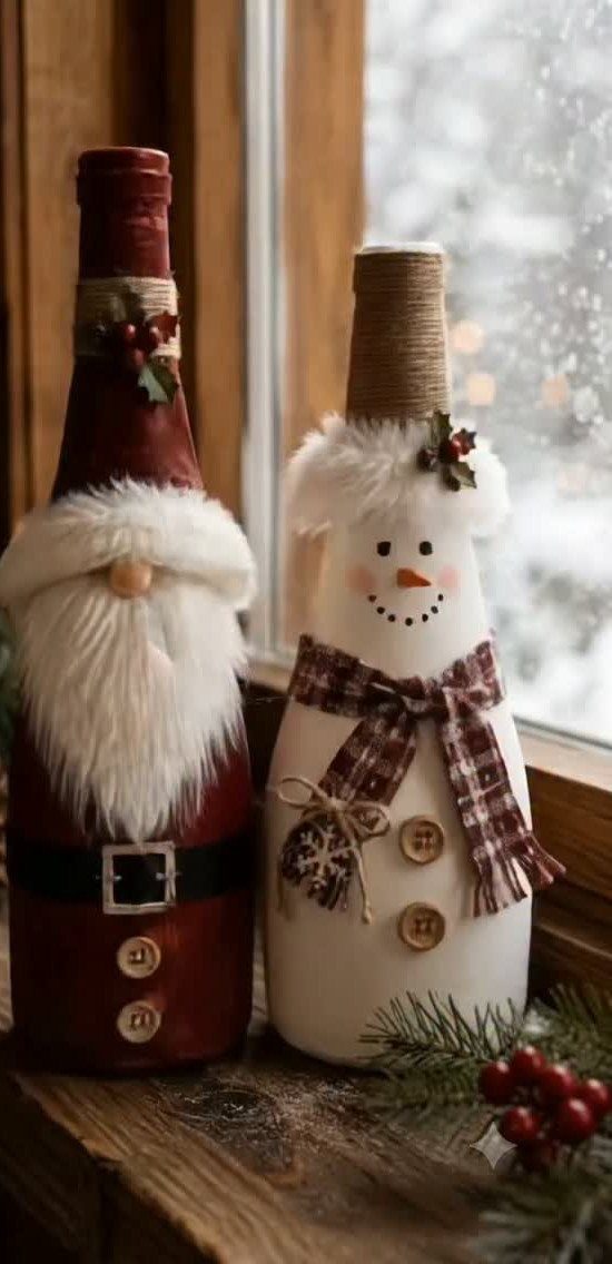 Santa and snowman wine bottle crafts sitting on a wooden windowsill with snow outside.