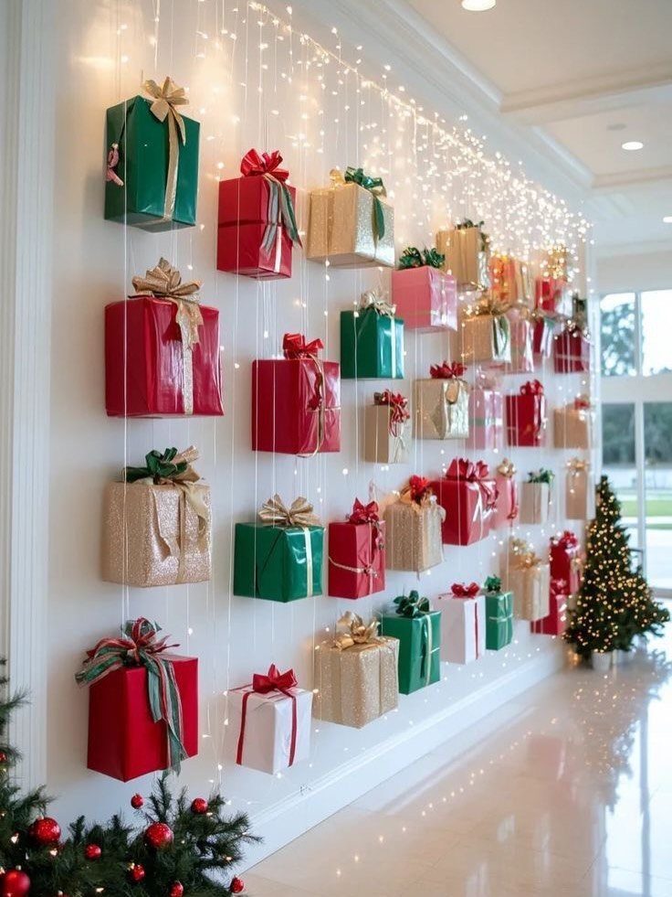 Hanging wrapped Christmas gifts and string lights decorating a white interior wall