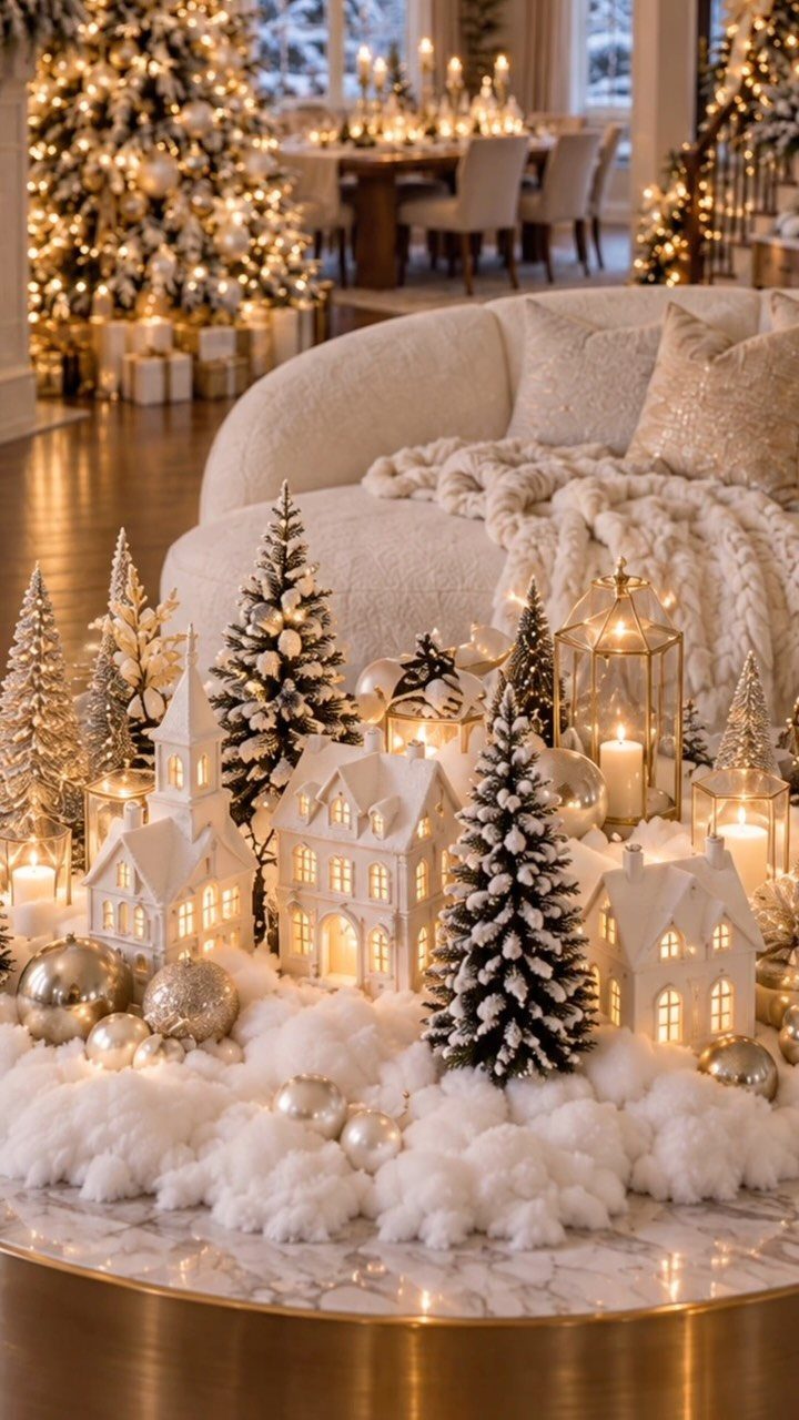 Miniature snowy village with white houses and frosted trees on a white fluffy surface