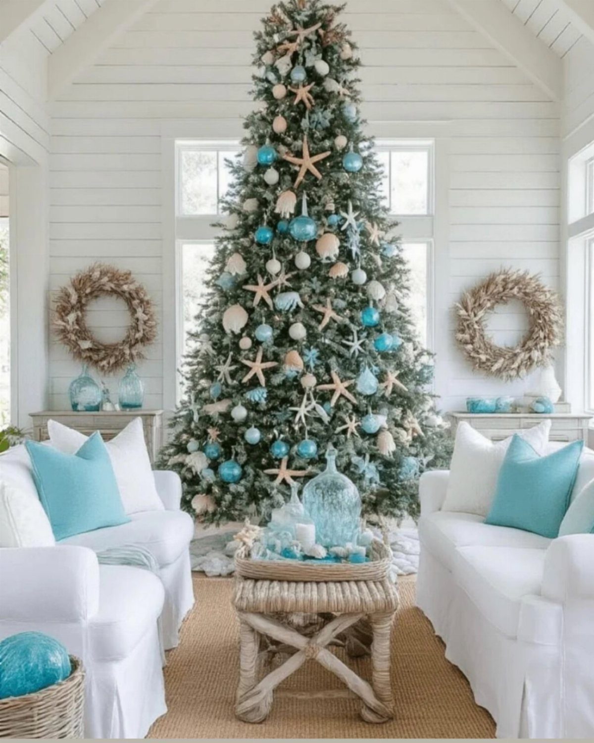 Coastal Christmas tree decorated with blue ornaments and starfish in a white room.