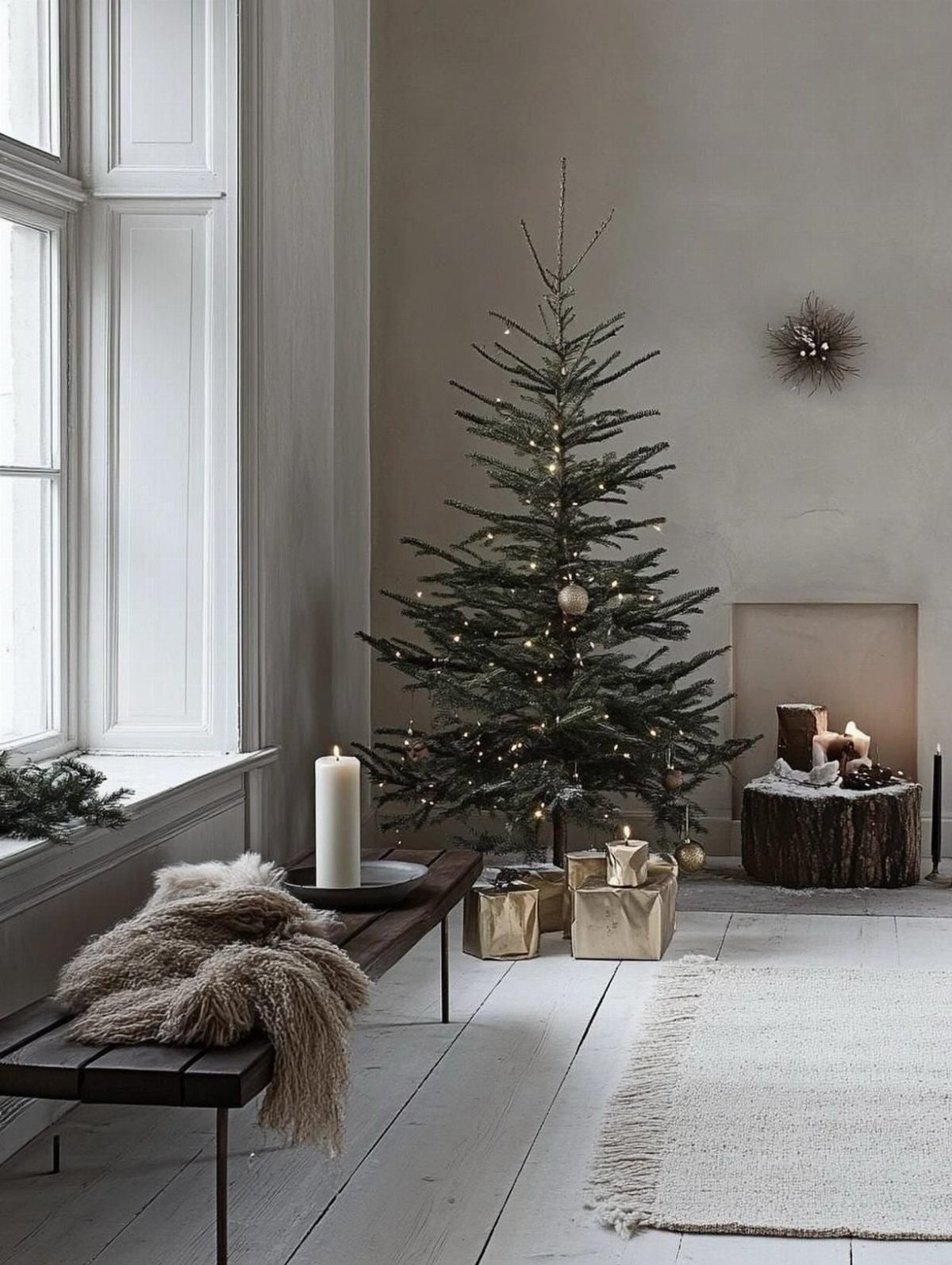 Sparsely decorated Christmas tree with gold ornaments in a neutral minimalist living room.