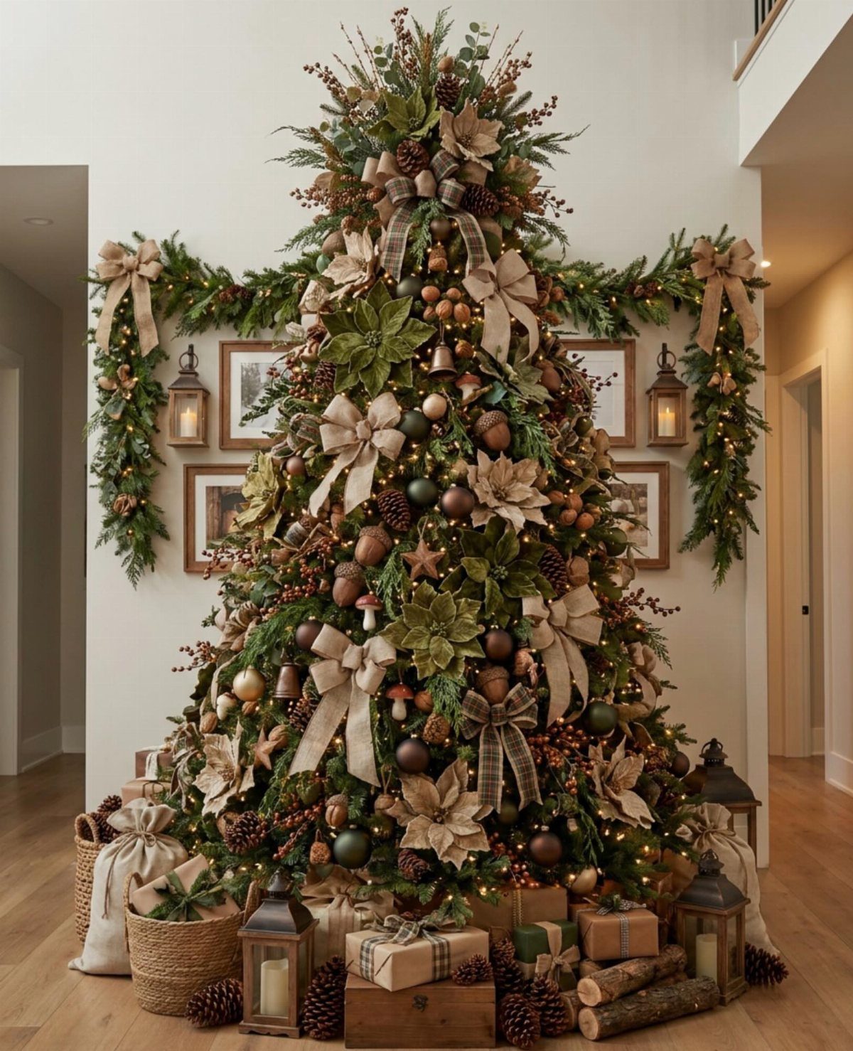 Nature-inspired Christmas tree decorated with pinecones, burlap bows, and earthy brown ornaments.