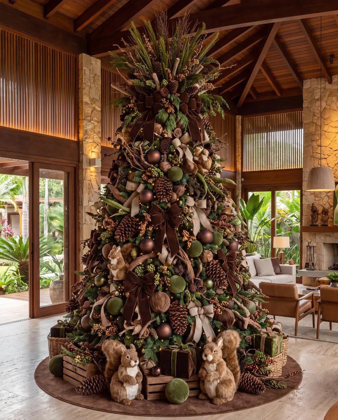 Woodland creature Christmas tree decorated with pinecones, brown ornaments, and squirrel figurines.