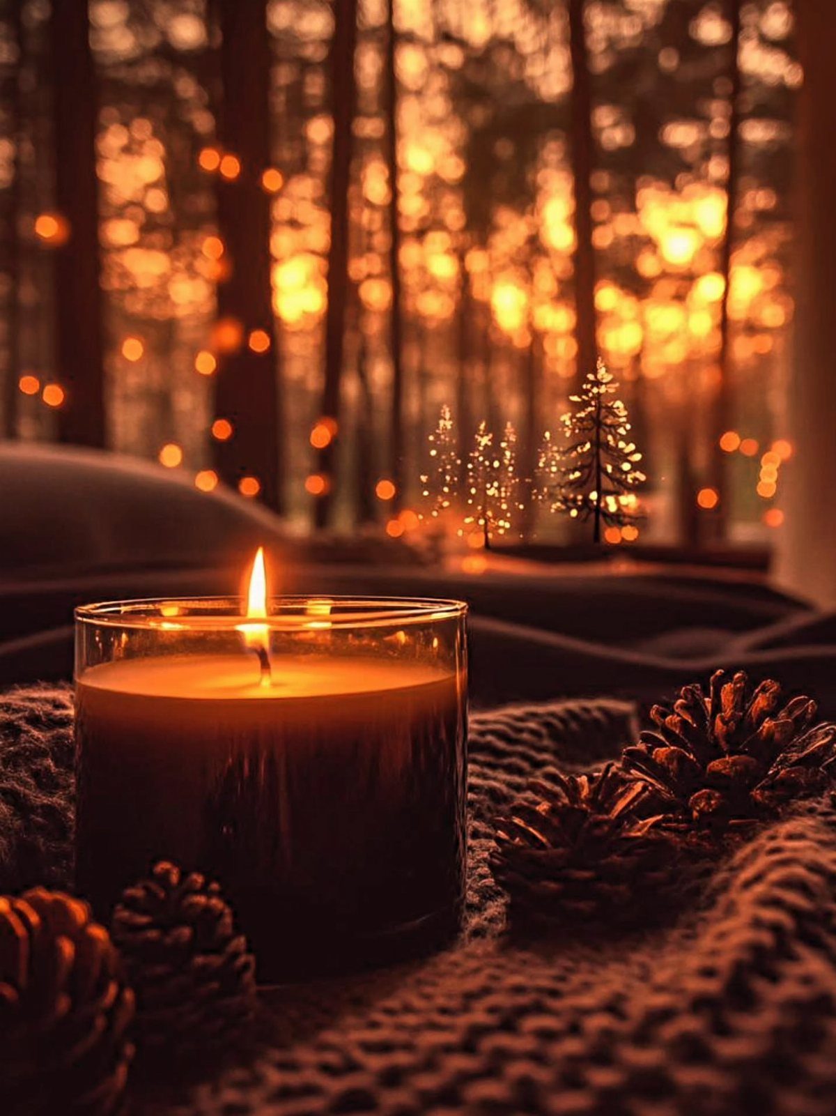 Lit candle and pinecones on a knitted blanket with glowing Christmas trees background