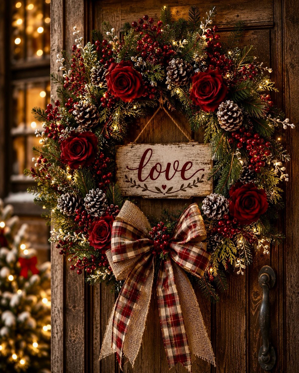 Christmas wreath with red roses and a love sign on a dark door