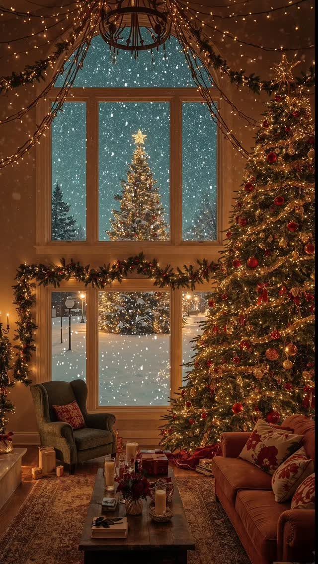 Cozy living room with a decorated Christmas tree and snowy window view