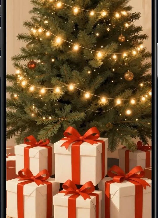 Decorated Christmas tree with glowing lights and white gifts with red ribbons below.