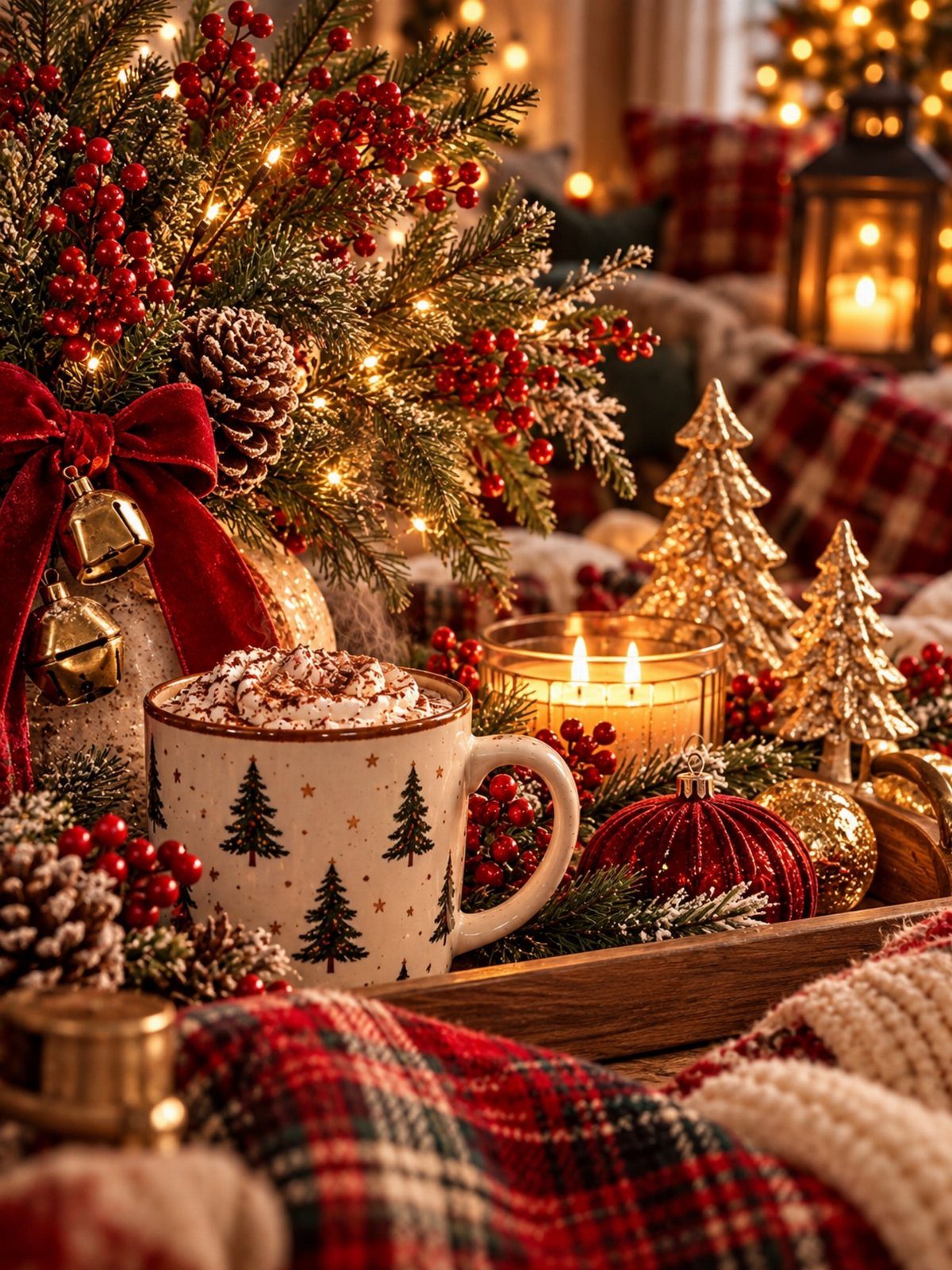 Hot cocoa mug and lit candle surrounded by Christmas decorations and bokeh lights