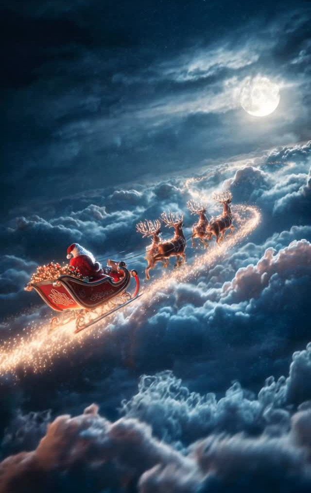Santa Claus in a sleigh pulled by reindeer flying through a starry night sky