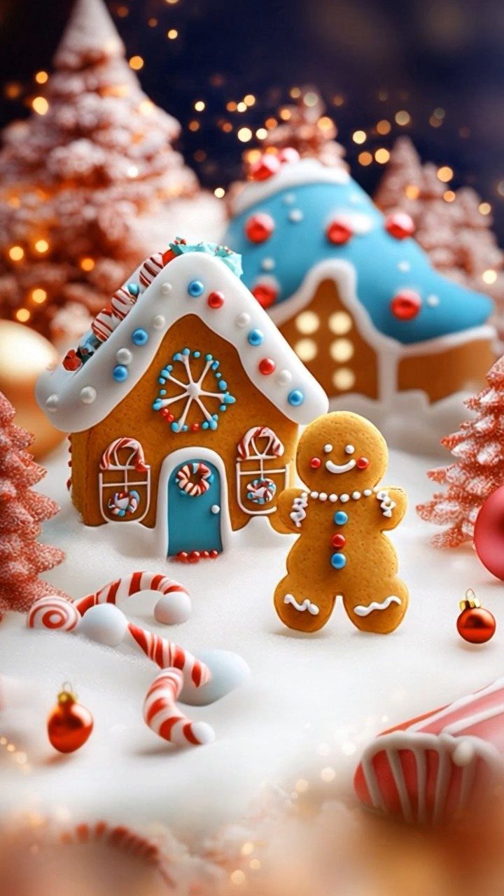 Gingerbread man and house with candy canes and frosted trees in snowy setting