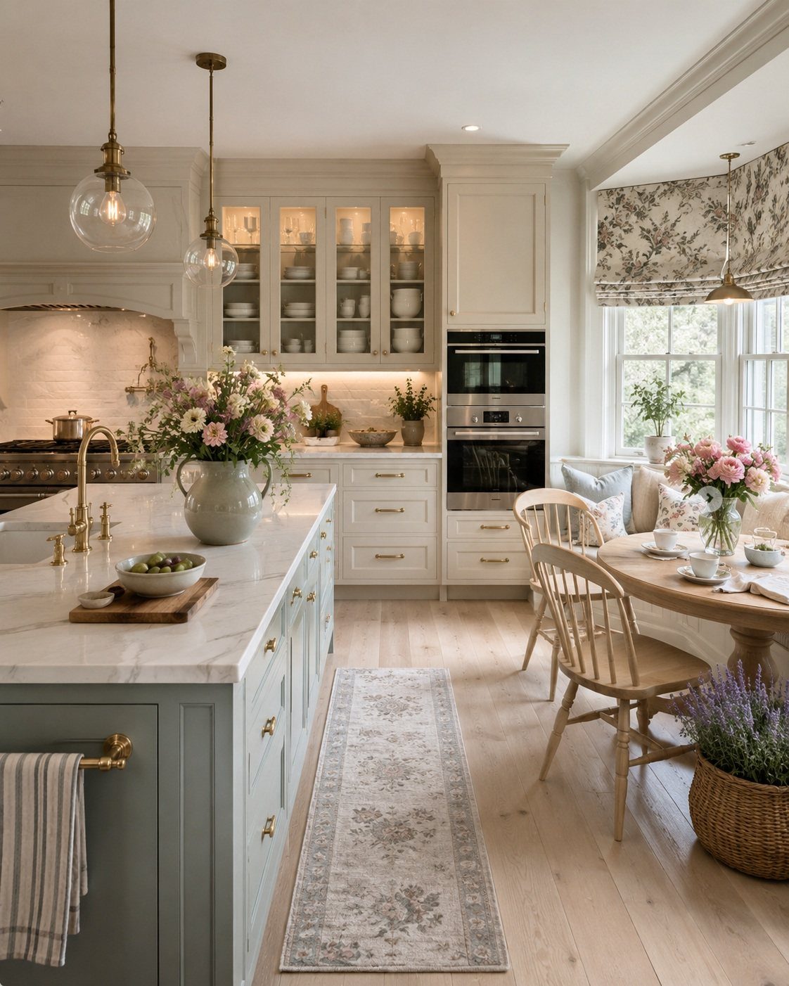 Round wooden dining table and chairs in a sunlit farmhouse kitchen breakfast nook.