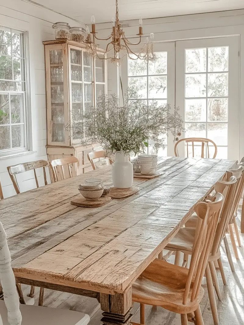 Rustic wooden dining table and chairs in a bright farmhouse dining room