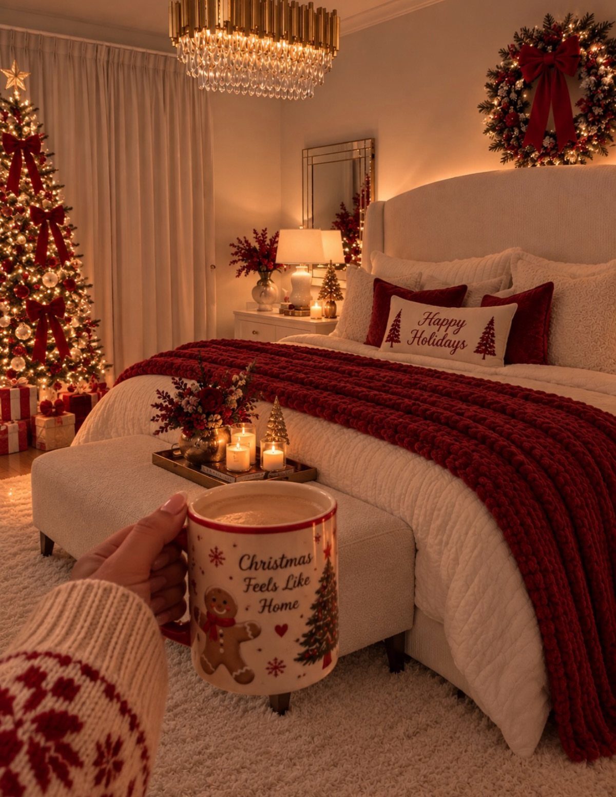 Cozy Christmas bedroom with red accents, a decorated tree, and a festive mug.