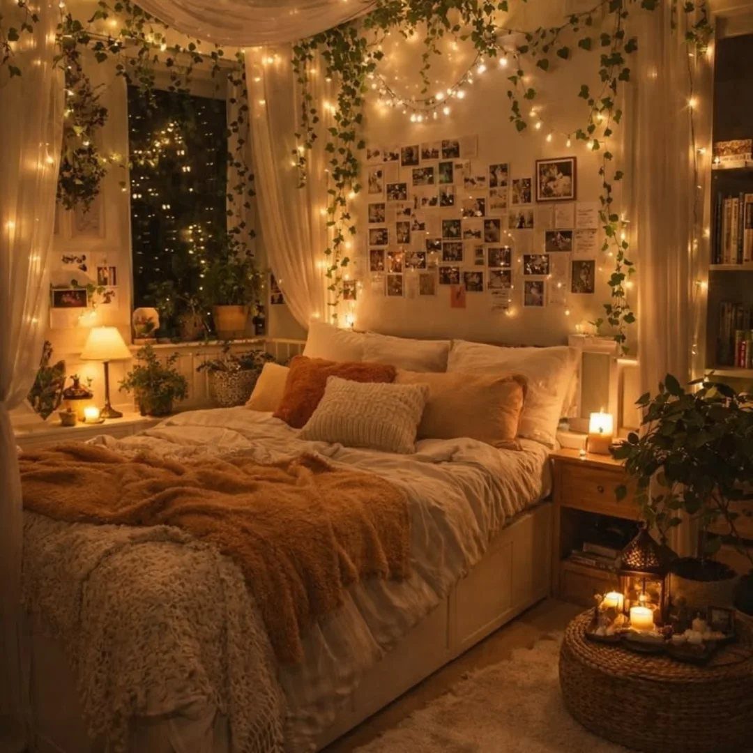 Cozy bedroom with warm fairy lights and green vines draped around the bed