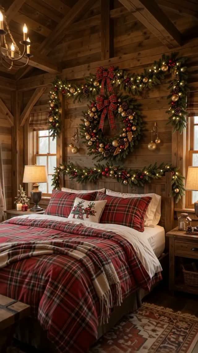 Rustic bedroom with red plaid bedding and festive Christmas greenery on wooden walls
