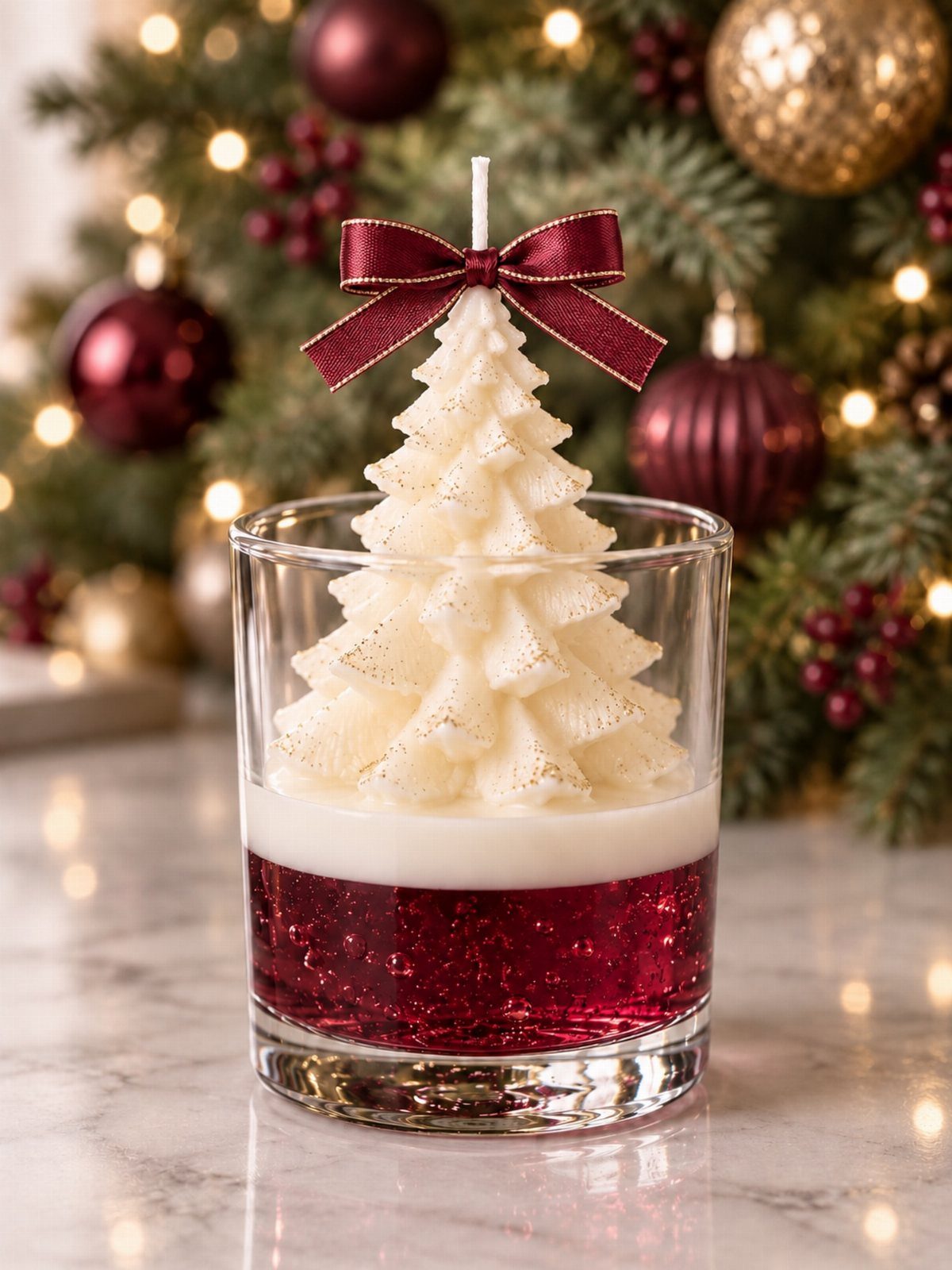 Tree-shaped candle with a red bow in a glass holder before a Christmas tree