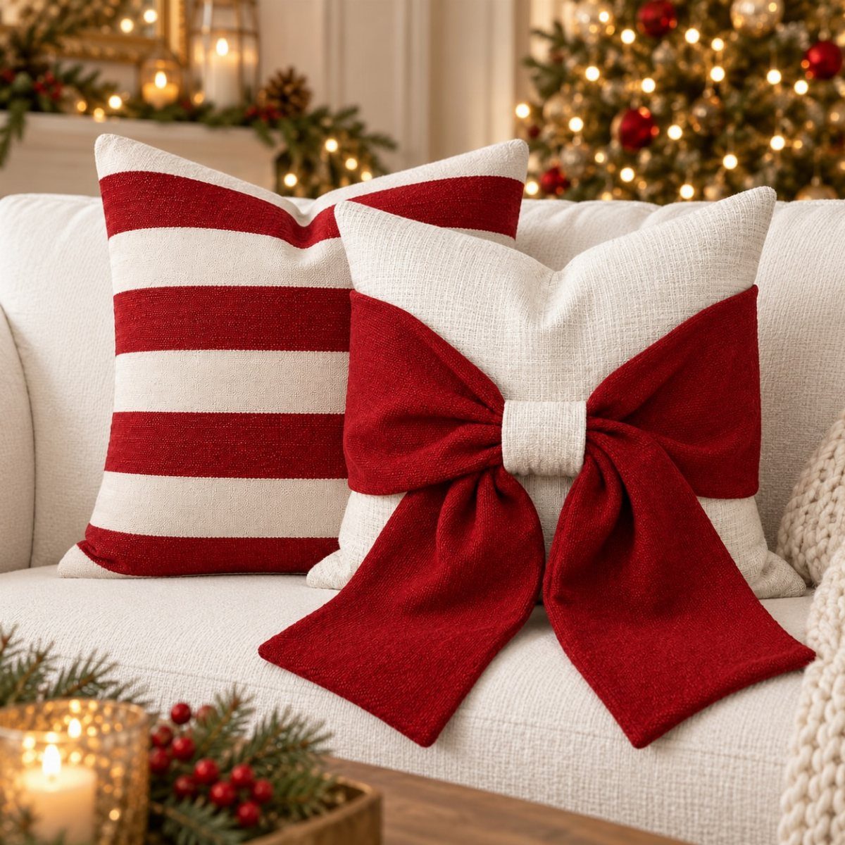Red and white striped and bow pillows on a white sofa near Christmas decor