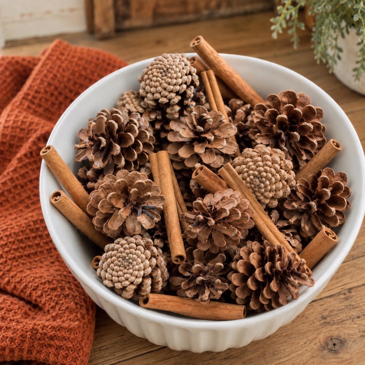 White bowl filled with pinecones and cinnamon sticks on a wooden table.