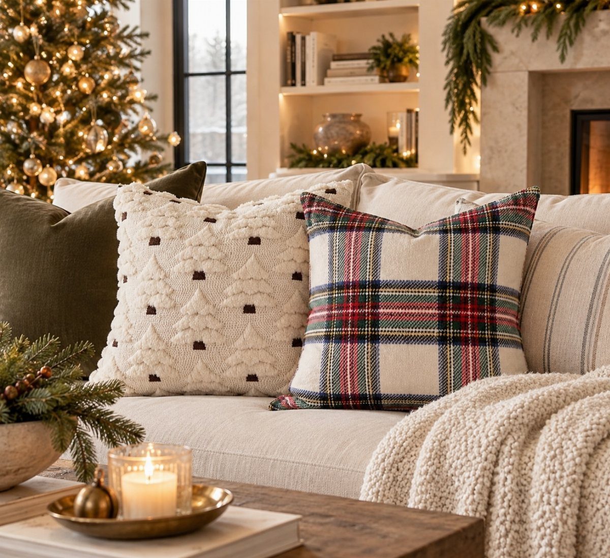 White sofa with plaid and textured pillows, a knit throw, and wooden coffee table.