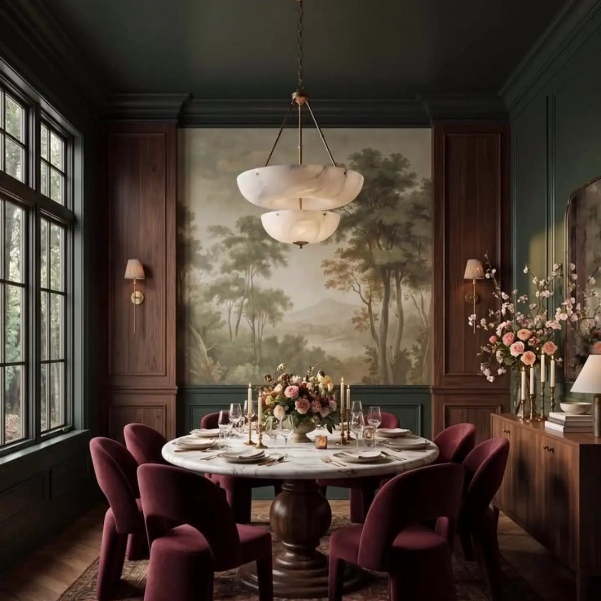 Dark green dining room with burgundy velvet chairs and a large landscape mural.