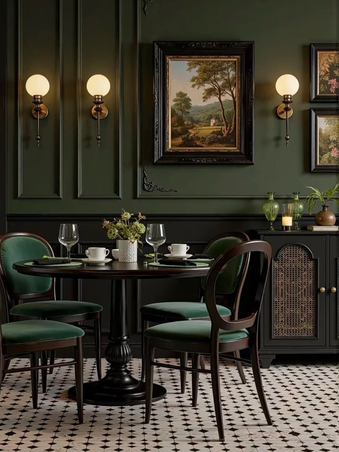 Dark green dining room with velvet chairs, round wooden table, and paneled walls.