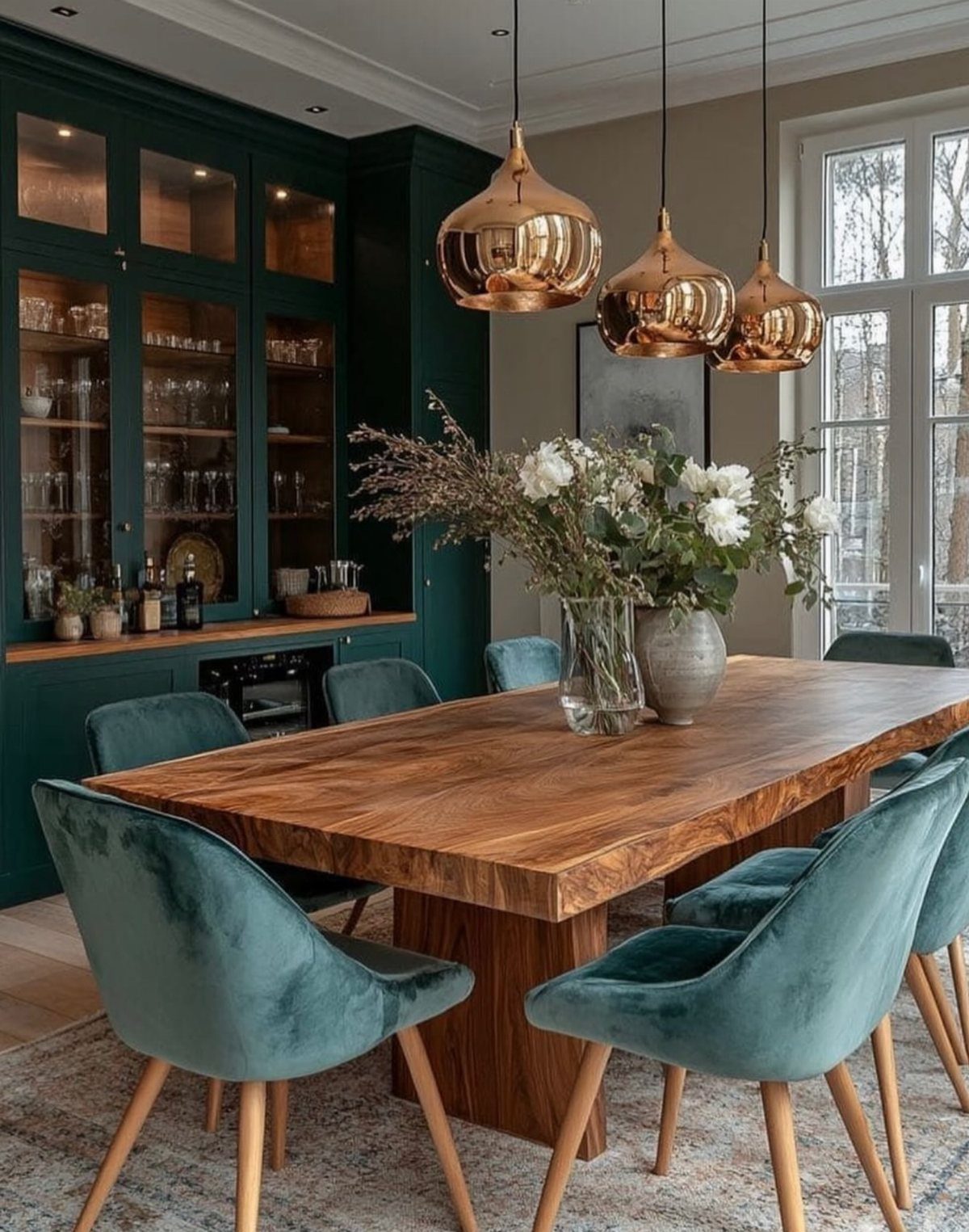 Live-edge wooden dining table with teal velvet chairs and dark green cabinetry.
