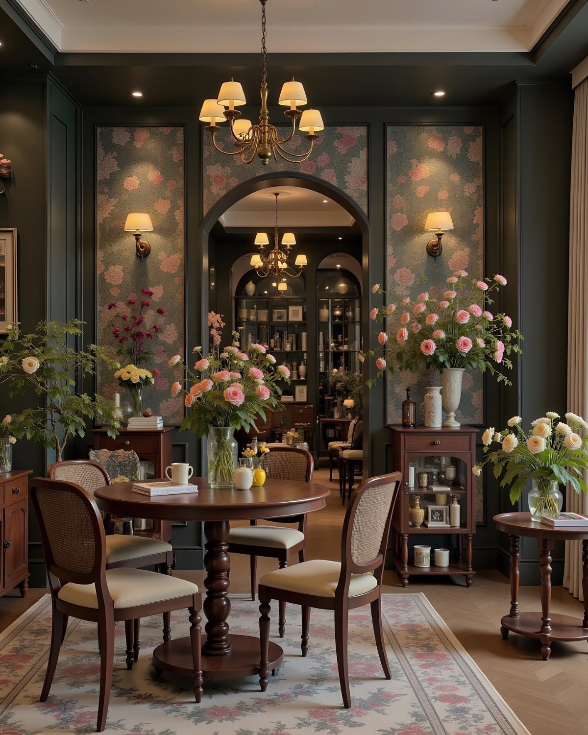 Dark green dining room with a round wooden table, floral wallpaper, and gold chandeliers.