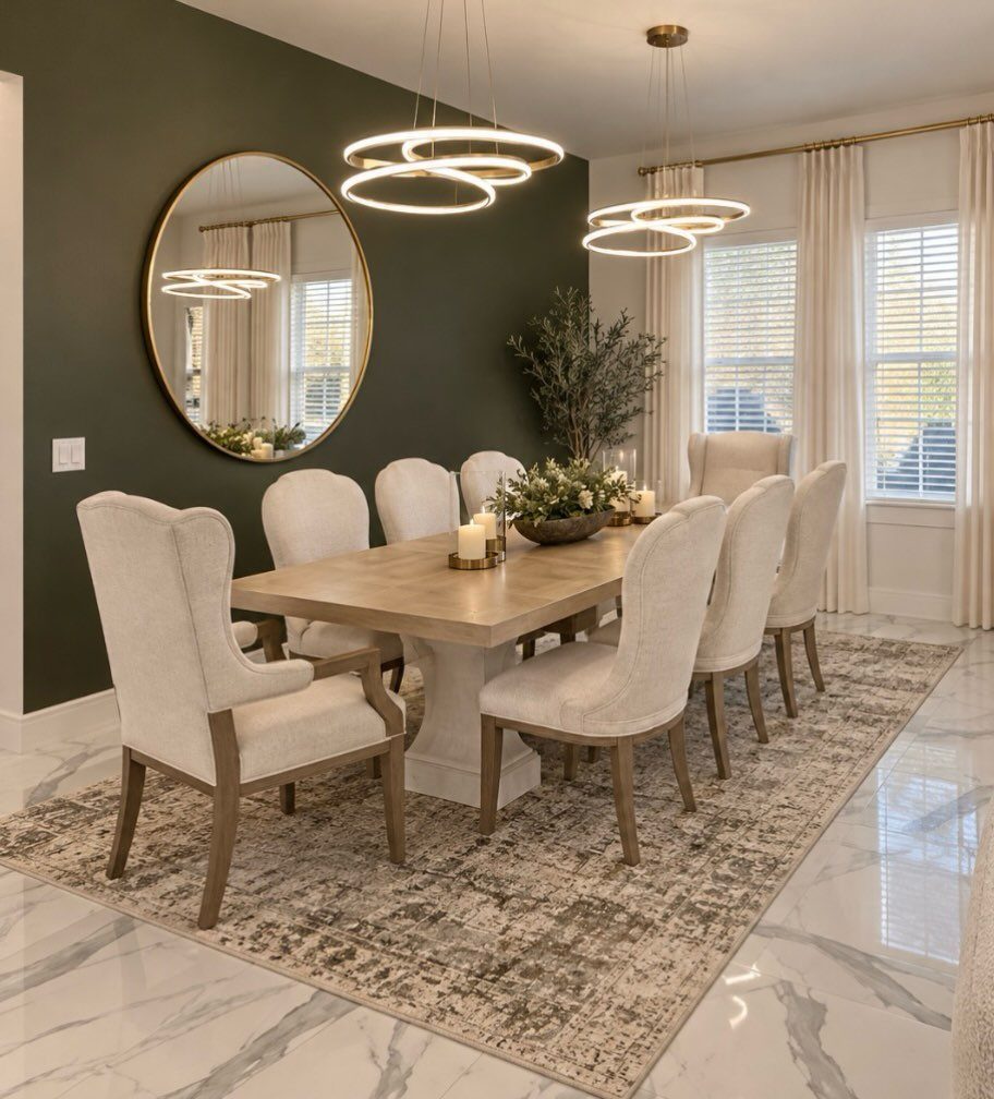 Two modern gold ring chandeliers hanging over a light wood dining table.