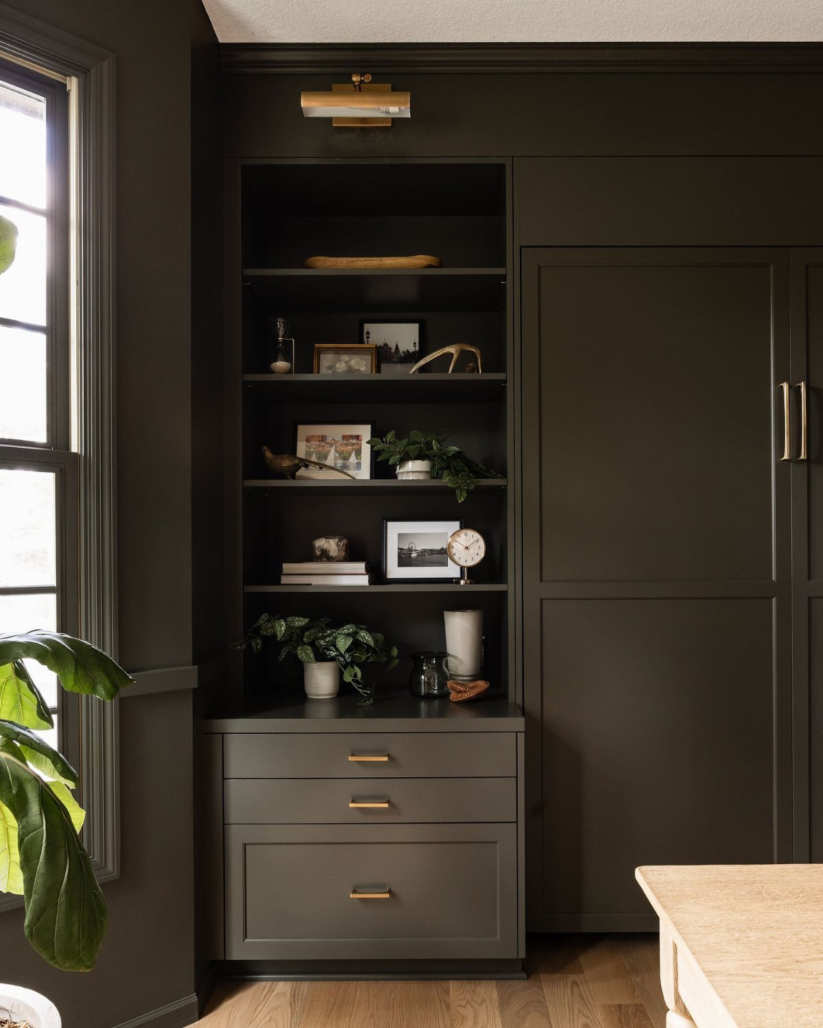Dark green built-in shelves with brass hardware and a brass light fixture.