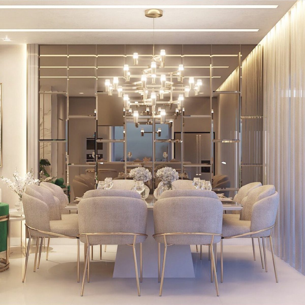 Grid-patterned mirrored wall in a modern dining room with beige chairs and chandelier.