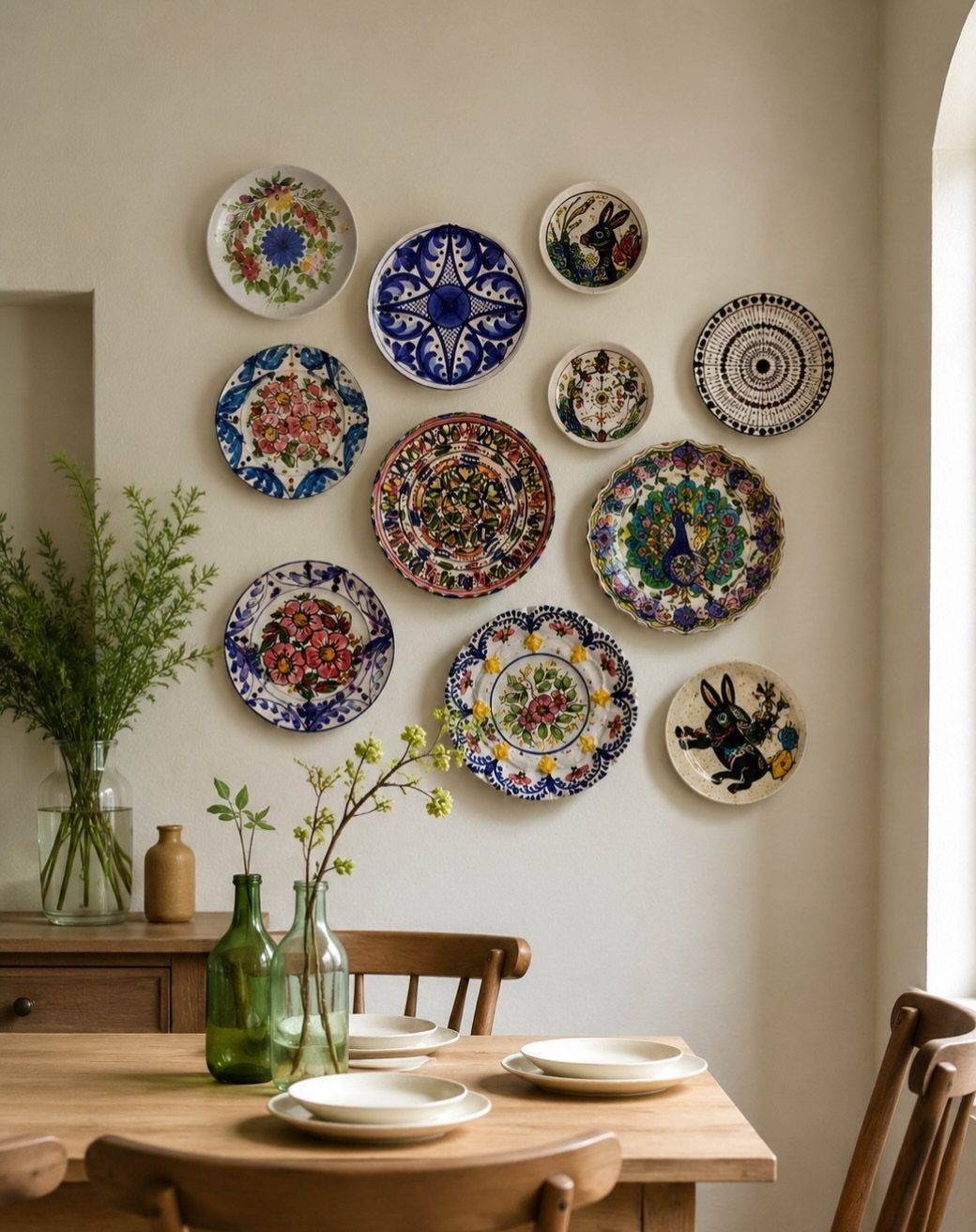 Patterned ceramic plates displayed on a beige wall above a wooden dining table.