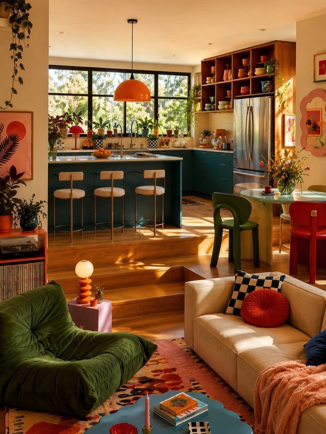 Colorful dining chairs and a beanbag in a vibrant, multi-level open concept living area.