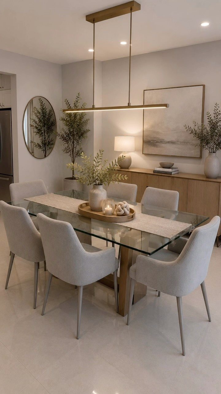 Glass dining table with grey chairs and gold lighting in a neutral room