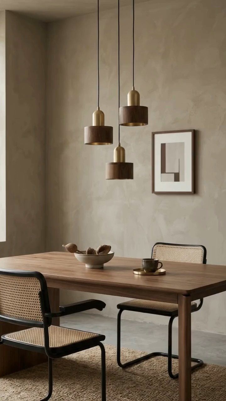 Three gold and brown pendant lights hanging over a wooden dining table