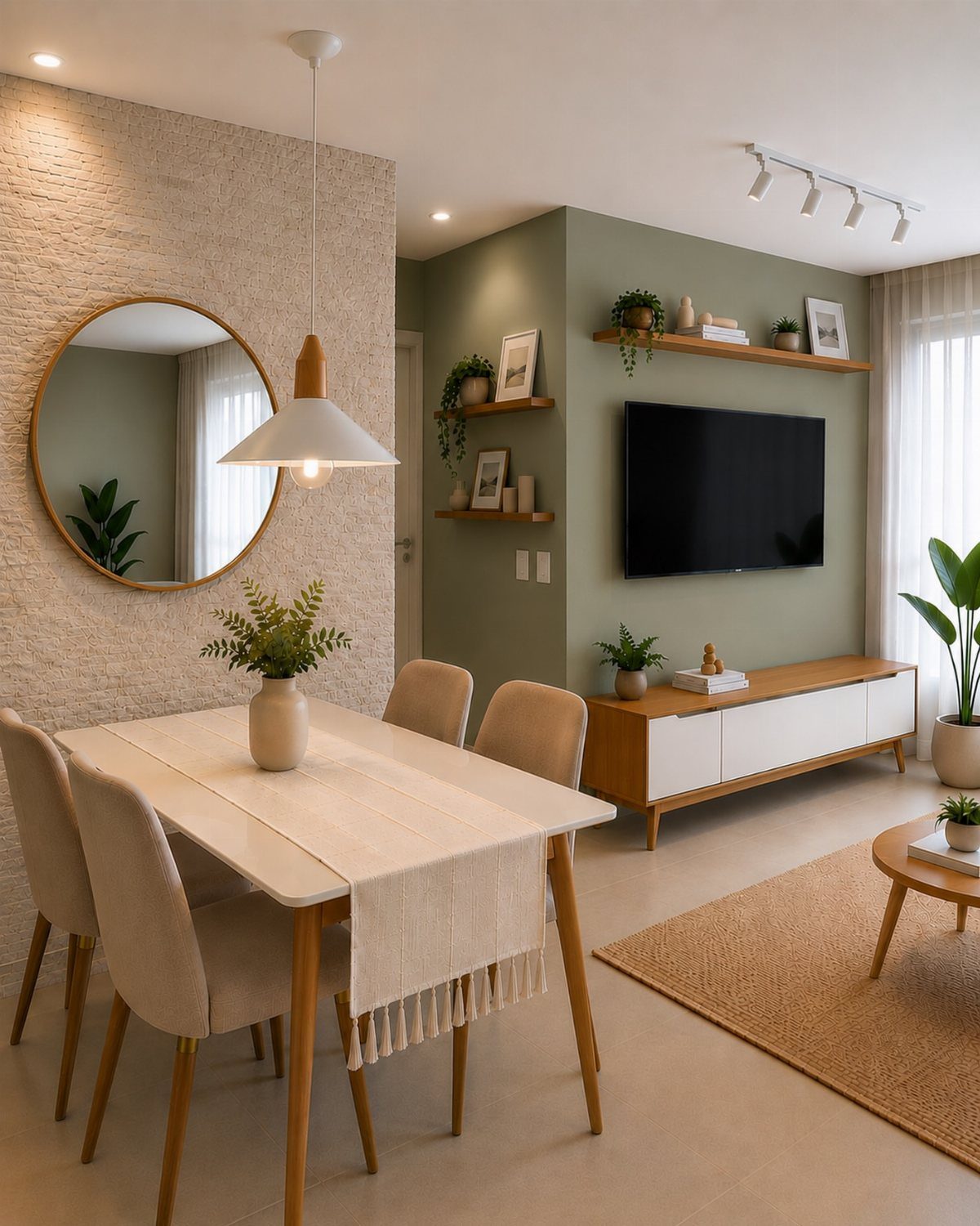 Dining table and chairs set against a textured beige and sage green wall.
