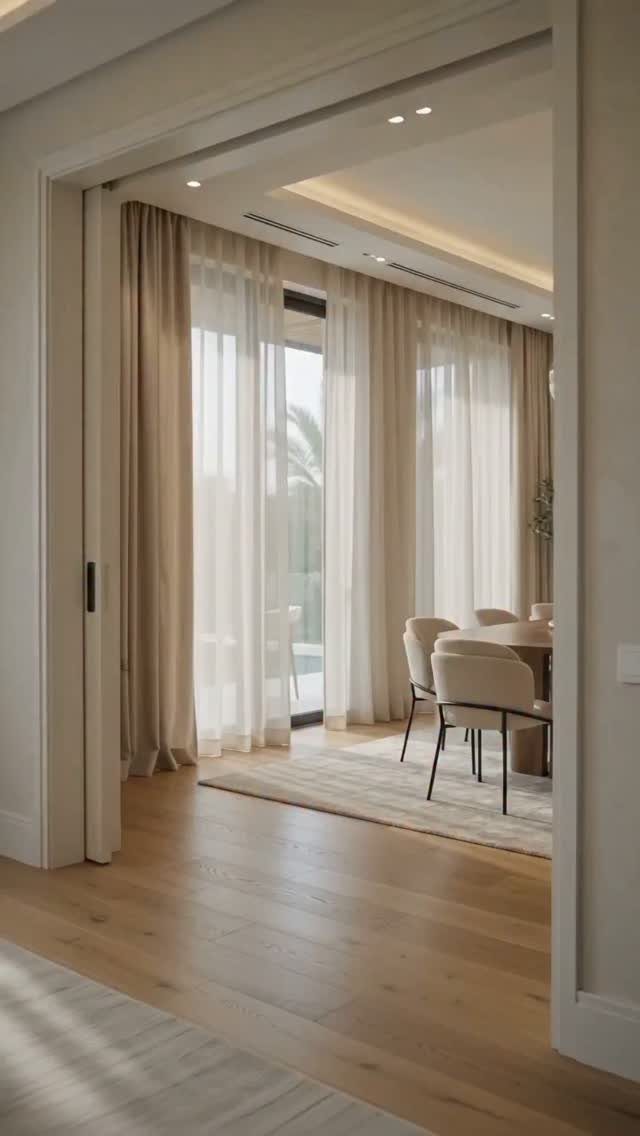 Beige dining room with tone-on-tone walls, curtains, and light wood flooring.