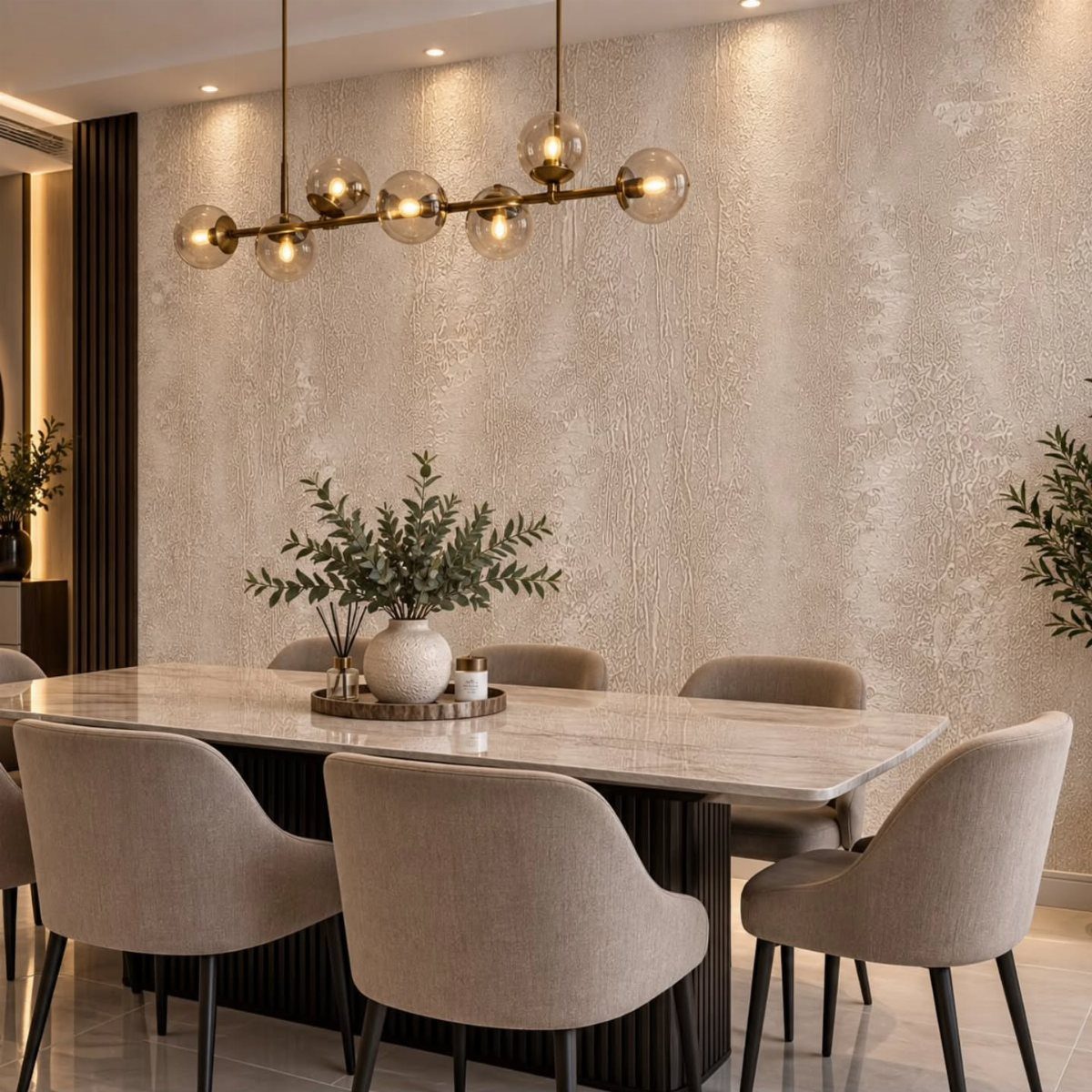 Beige textured accent wall in a dining room with marble table and gold chandelier