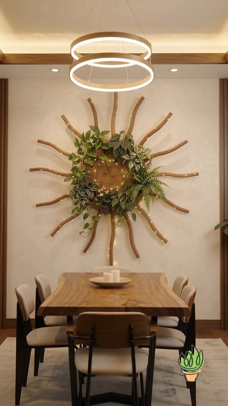 Sun-shaped wall installation with green plants and lights in a modern dining room