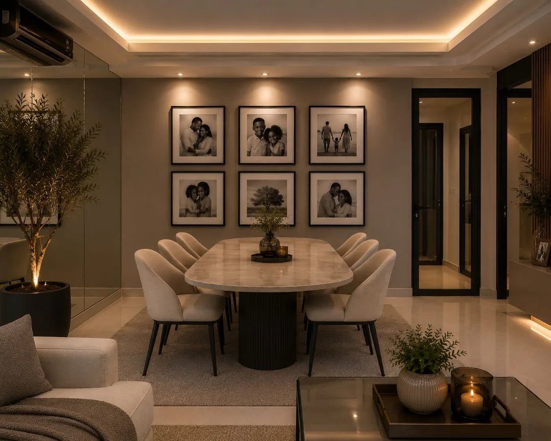 Modern open-concept dining area with oval table and living room sofa in foreground