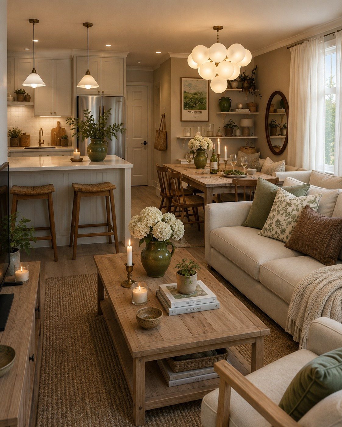 Open concept living and dining room with neutral tones and wooden furniture.