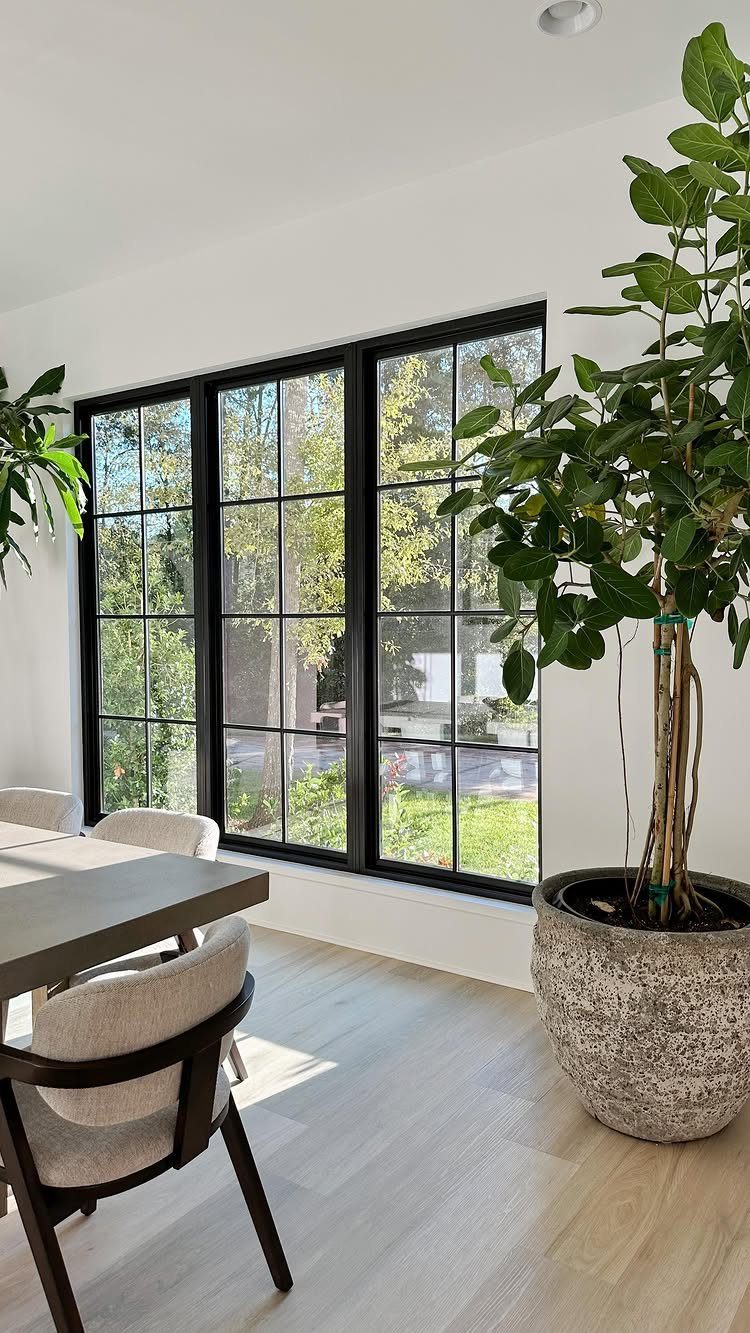 White walls and light wood floors in a bright room with large windows.