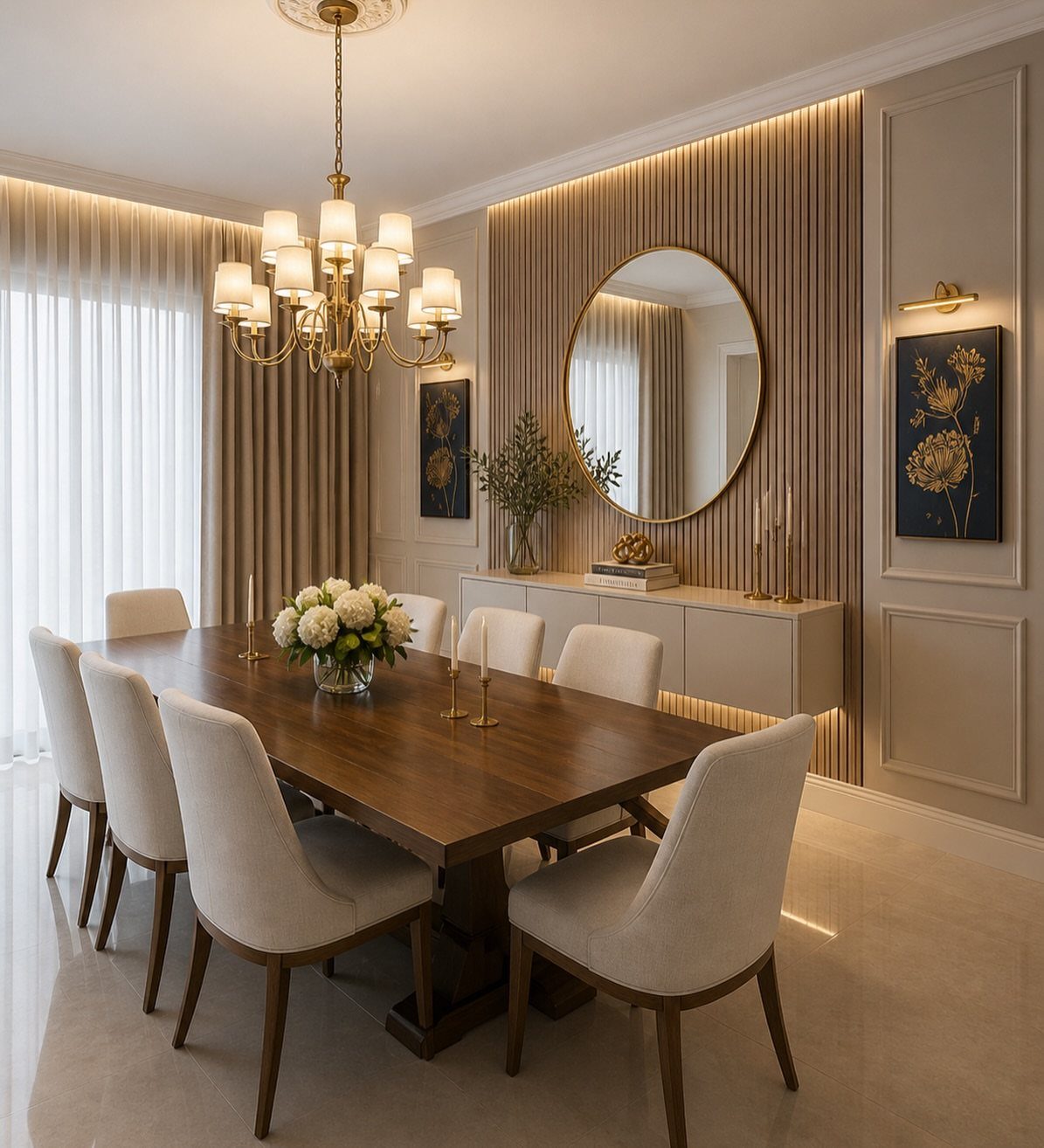 Dining room with dark wood table, cream chairs, and neutral beige decor.
